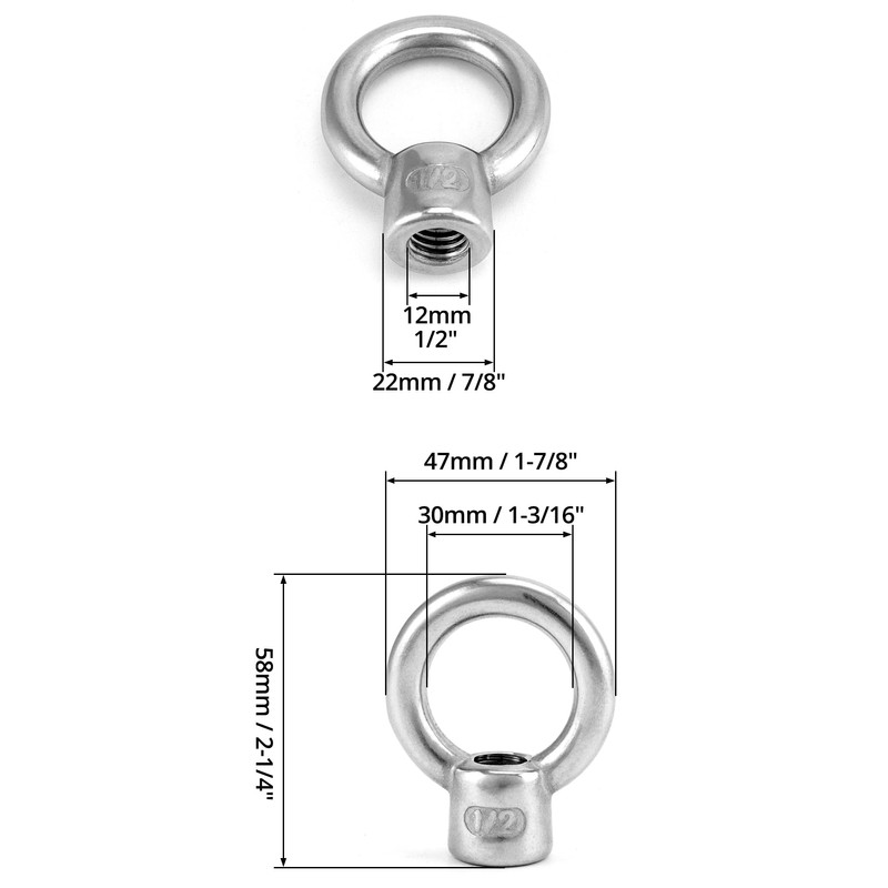 QWORK Lifting Eye Nut, 4 Pack, 1/2" UNC Marine Grade