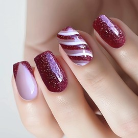 Gemmicho Christmas Press on Nails Short Almond Nails Red French Tip Fake Nails With Red Glitter Christmas Designs Acrylic Nails Winter Xmas Press on Nails for Women Holiday (Red Glitter, 24 Pcs)