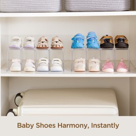 HBlife Clear Acrylic Kids Shoe Rack for Closet Organizers and Storage, Small Shoe Rack 4 Sections Toddler Baby Shoe Storage Organizer Stackable Shoe Shelf,Desk File Sorter Book Purse Organizer(1 Pack)