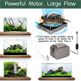 hygger Aquarium Air Pump 10W/15W 0.025Mpa/0.03Mpa Powerful Adjustable Fish Tank Air Pump 4 Outlets Oxygen Aerator for Medium Large Fish Tank, Small Pond, Hydroponics, Commercial Use