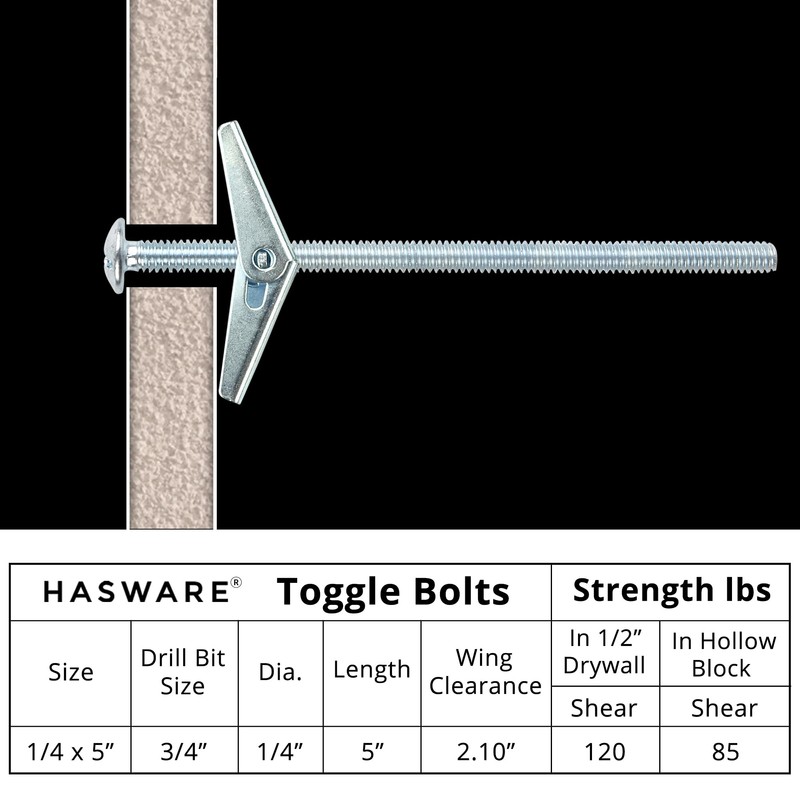 HASWARE Toggle Bolt Zinc Plated Steel and Wing Nut for