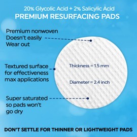 20% Glycolic Acid+ 2% Salicylic Acid Acne Pads for Face Exfoliating & Resurfacing, AHA BHA Facial Peel Pads For Skin Toning Blemish Control Revealing Bright, Youthful, Radiant Skin (50 Count)