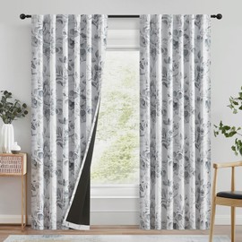 Xwincel 100% Blackout Curtains Grey Floral Pattern Curtains 96 Inches Long for Bedroom Watercolor Leaf Print Thermal Insulated Drapes for Living Room Darkening Rod Pocket Window Curtains 2 Panels