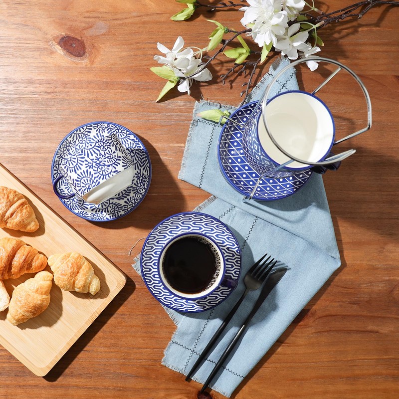 Selamica Ceramic Cappuccino Cups with Saucers and Metal Stand, 8