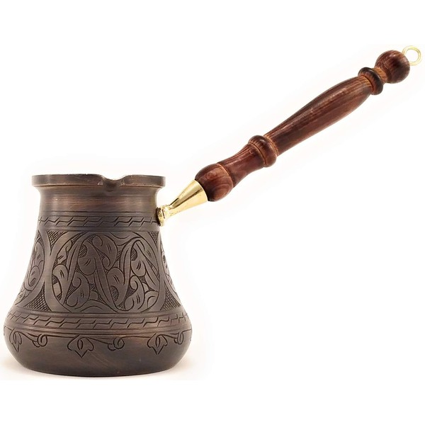 The Silk Road Trade - PCA Series (XXLarge) - Thickest Solid Engraved Antique Copper Turkish Greek Arabic Coffee Pot Heavy Duty with Wooden Handle Stovetop Coffee Maker Jazzve Cezve Ibrik Briki-28fl.oz
