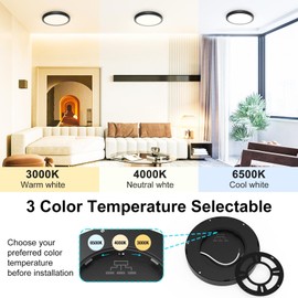 libtit 12 Pack Black Led Ceiling Light - 7 Inch 15W 1500Lm Small Ceiling Lighting Fixture, 3000K/4000K/6500K Color Selectable, Recessed Led Kitchen Ceiling Lamp for Shower Hallway Laundry Closet