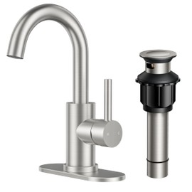 FORIOUS Single Handle Bathroom Sink Faucet 1 or 3 Hole Brushed Nickle, 360° Swivel Gooseneck Spout, Lead-Free, with cUPC Hose and Metal Pop Up Drain, Suitable for Bar Kitchen RV Vanity