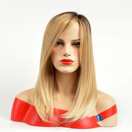 NiceToBuy Umeet Middle/Shoulder Length Ombre Blonde Dark Brown Roots Medium Length Straight Synthetic Hair Middle Part Wigs for Women