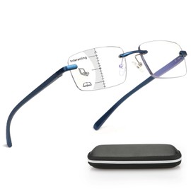 Missfive Premium Aluminum Progressive Multifocus Reading Glasses Men Blue Light Blocking, No-Line Spring Hinge Rimless Office Multifocal Metal Readers, Workspace for Near Range, +3.0, Sapphire