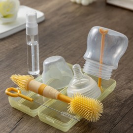 Travel Bottle Cleaner Kit, Anivona 5 in 1 Baby Bottle Cleaner Kit with Extendable Silicone Brush, Nipple Brush, Straw Brush, Soap Dispenser, Drying Rack, Ideal Gifts for Baby Travel Essential (Yellow)
