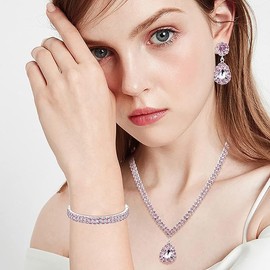 Dochais Bridal Jewellery Set for Wedding Simple Necklace Teardrop Dangle Earrings Bracelets Crystal Prom Bride Bridesmaid Tennis Jewellery Set, Alloy Steel