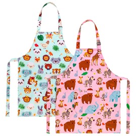 XLSXEXCL 2 Pack Kids Apron, Cute Cooking Aprons Adjustable, Funny Kids Kitchen Apron With Two Pockets, Waterproof Chef Apron Toddler Painting Baking Artist Apron for Boys and Girls (Animal Theme)