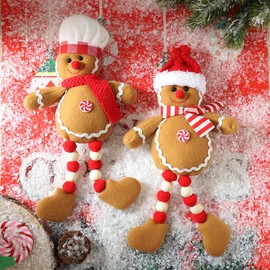 2Pcs Christmas Plush Gingerbread Man Boy and Girl Figures, Cookie Color with Red and White Chef Hat Scarf Ornament for Xmas New Year Winter Holiday Season Decorations