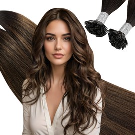 Ugeat Hair Extensions Flat Tip Real Human Hair Brown Remy Flat Tip Hair Extensions for Women Balayage Dark Brown Mix Medium Brown Invisible Flat Tip Hair Extensions Straight 18inch 50G 50S