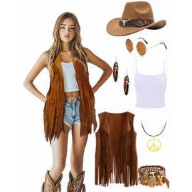 6 PC Cowgirl Western Outfits for Women Retro Cowgirl Costumes Fringe Vest Cow Girl Hat for Women Country 70s Hippie Outits (Light Brown, M)