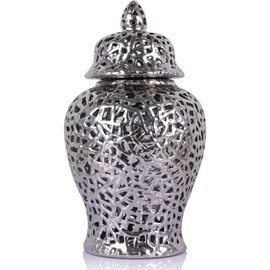 Silver Pierced Ginger Jar Vase with Lid - 15.7" Tall Silver Decorative Ceramic Jar for Home Decor, Centerpiece for Living Room, Dining Room, Entryway, or Office, Large Silver Vase for Flowers