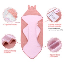 Baby Bath Towel Set, Baby Towel with Hood Baby Toddler Bathrobe Hooded Towel Baby 100% Organic Cotton Muslin Hypoallergenic Towels Super Soft 33.5”*33.5”/85*85cm, 3pcs Set Towel+Washcloth+Gloves, Pink