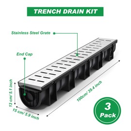 3 Sets Channel Drain 39.4 x 5.9 x 5.1 Inches, Trench Drain System Garage Floor Drain Drainage Trench with 3 Stainless Steel Drainage Grates and 3 Plastic End Caps for Pool Drain Driveway, Black