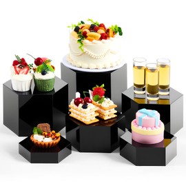 Leinuosen 6 Pcs Buffet Risers, Hexagonal Food Risers for Buffet Table Acrylic Cube Display Stand Shelf Nesting Boxes with Hollow Bottom for Party Catering Dessert Jewelry Collectibles(Black)