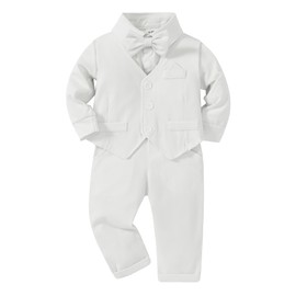 CARETOO Baby Boy Suit White Dress Shirt/Vest/Bow Tie/Pants Baby Christening Outfit Boy 12-18 Months