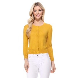 YEMAK Women's Knit Cardigan Sweater – 3/4 Sleeve Crewneck Basic Classic Casual Button Down Soft Lightweight Knitted Top MK3554-HON-S