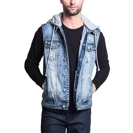 Victorious Detachable Hood Denim Jean Vest Jacket DK108 - Distressed Indigo - 2X-Large - GG1F