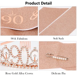 Vovii 90th Birthday Sash and Tiara, Rose Gold Tiara, 90th Birthday Gifts for Women, 90th Birthday Decorations for Women, Happy 90th Birthday Decorations