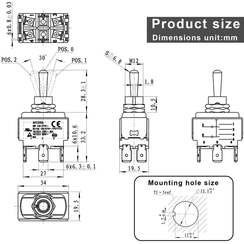 HY29D Toggle Switch 6-Pin 125/277V 20/15A ON-Off-ON with Silicone Protective