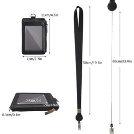 SwirlColor Bus Pass Badge Holders Artificial Leather ID Credit Card Holder Three Pocket Wallet Zippered with Retractable Lanyard (Black)