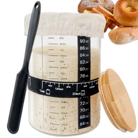 GNYRWOJH Sourdough Starter Jar Kit with Date Marked Feeding Band,Thermometer,Cloth Cover & Wood Lid Wide Mouth Sourdough Starter Jar,34 Oz/1000ml Sourdough Bread Baking Supplies