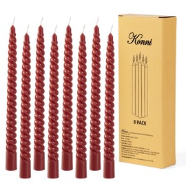 KONNI 0.87×10 Inch Dark Red Spiral Taper Candle, Unscented and Smokeless Tall Candlesticks, 8 Pack Twisted Candles with Cotton Wicks, Long Burning, Ideal for Weddings, Dinner Parties, and Home Décor