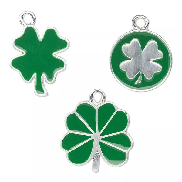 Platinum Charm, 6 Silver Plated Pewter Green Enamel 4-Leaf Clover