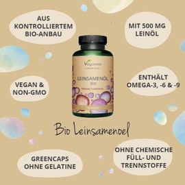 Organic Linseed Oil Capsules | Omega 3 6 9 | Premium Organic Raw Material from Germany | Omega 3 Vegan - No Gelatin | Flaxseed Oil | Laboratory Tested | No Additives | German Production by VEGAVERO ®