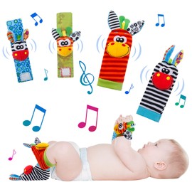 Yorgewd Pack of 4 Baby Rattles Toy Wrist and Socks, Soft Plush Development Toy, Baby Gift for Newborn Girls and Boys