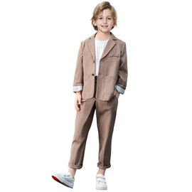 LOLANTA Boys Dress Pants Set Casual Husky Suits Kids 2 Piece Gentleman Outfits Sport Coat Jacket Events Clothes(Khaki, 5-6)