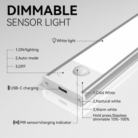 Under Cabinet Lighting, 3 Color Magnetic Motion Sensor Light Indoor, USB Rechargeable Closet Lights 1800mAh Battery Operated, Wireless Dimmable Under Counter Light Bar for Kitchen,Hallway