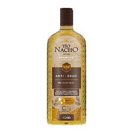Tío Nacho ANTI-EDAD, shampoo JALEA REAL y extractos de ROMERO, BARDANA, ALOE VERA, JOJOBA. Cabello visiblemente REJUVENECIDO, ideal para cabello con CANAS