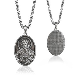 BGCOPPER Sterling Silver Sacred Heart of Jesus Pendant Necklace for Men Women, Oval Jesus Necklace Religious Christmas Gift