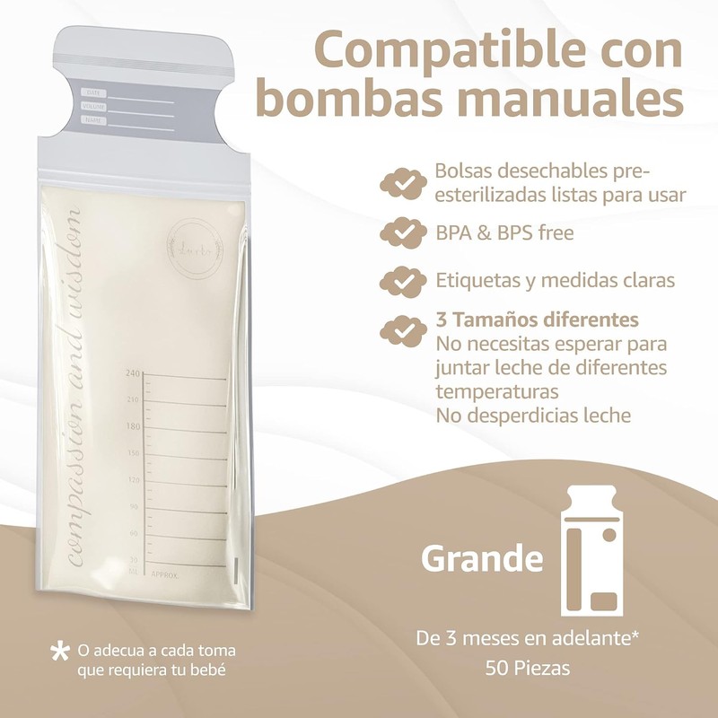 LURKO Bolsas Leche Materna Grandes 8 Oz 50 pcs BPA