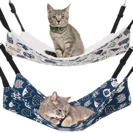 GSrenyu 2 Pack Cat Hammock, Reversible Pet Cage Breathable Cat Hanging Bed with Adjustable Strap, 47 * 36cm Soft Plush Hanging Hammock for Kitten, Rabbit, Chinchilla, Guinea Pig