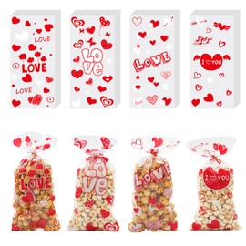 TIBAOLOVER Valentines Treat Bags, 100 Pcs Valentines Cellophane Treat Bags, Valentines Candy Bags, Valentines Cookie Gift Bags for Valentines Wedding Party Favor Supplies, 4 Design (Valentines Love)