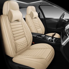 WENNFOUR Car Seat Covers Front Only, Universal Leather Seat Covers with Headrest Pillows for Most Vehicles SUV Pick-up Truck, Full Coverage Automotive Seats Protector Fit for 2 Seats-Beige