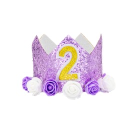 Pai Sence Purple 2st Birthday Hats for Kids Baby Birthday Glitter Crown Hats Happy Birthday Crown Hats with Flowers Girls Boys