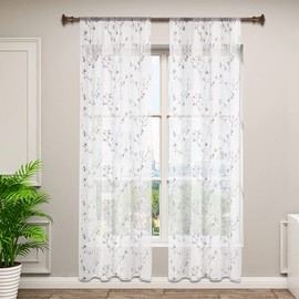 Woltu #1895-2 Set of 2 Transparent Curtains, Embroidered Flowers, with Ruffle Tape, Linen Look, Double Pack Voile Window Curtains, Decorative Curtains for Living Room, Bedroom