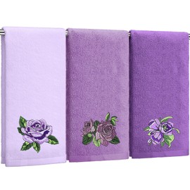 FuWeave 3 Pcs Purple Rose Hand Towels Lavender Purple Bathroom Decor Embroidered Floral Farmhouse Decorative Towels for Bathroom Kitchen Decor, 100% Cotton, 13. 3 x 29. 5''
