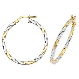 9ct Yellow & White Gold 30mm Twisted Patterned Hoop Earrings - Ladies Large Solid Gold Twist hoops - White Gold & Yellow Gold Modern Earrings
