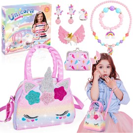 Grriopi Unicorn Gifts for Girls Toys Age 2 3 4 5 6, Kids Jewellery Sets for Girls Gifts for 2 3 4 5 6 Year Olds Girls Unicorn Toys for 2-6 Year Old Girls Unicorn Jewellery Bag Girls Birthday Presents