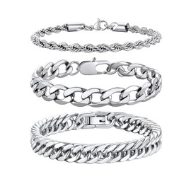 Richsteel Bracelet Set Stainless Steel Silver Cuban Chain Bracelets for Men 8MM 9MM 3MM Wide Bracelet Chain Sets Fashion Jewelry