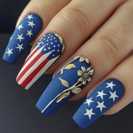 Independence Day Press on Nails Long Length Ballet Shaped Flower Stripes Pattern Design 4th July Patriotic Fake Nail Full Cover Stars Acrylic False Nail Artificial Glue on Nails for Women 24Pcs