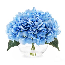JOJOWOO Hydrangea Fake Flowers in Vase, Silk Flowers in Vase with Faux Water for Home Decor Indoor (Blue)